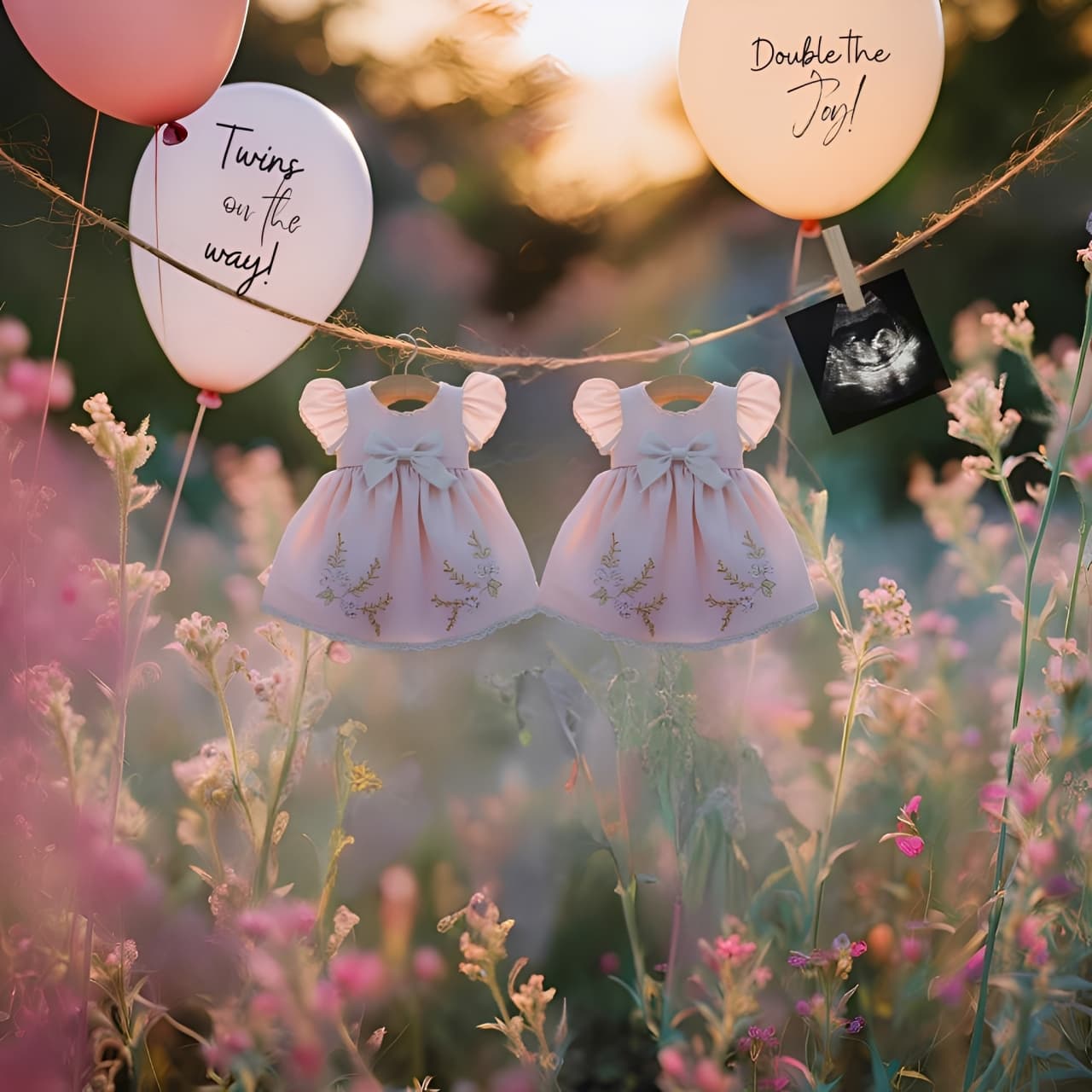 Matching newborn twin outfits hanging outdoors, unique twin baby gift set for special occasions.