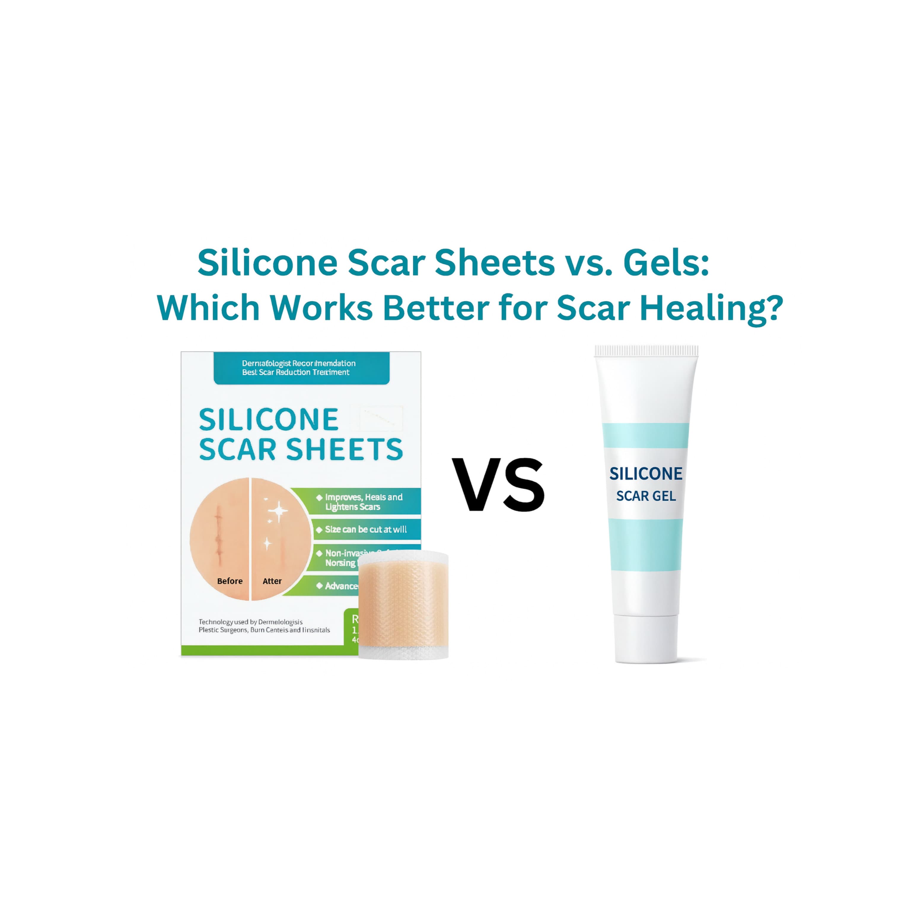 Comparison image showing silicone scar sheets on the left and silicone scar gel on the right, with the title ‘Silicone Scar Sheets vs. Gels: Which Works Better for Scar Healing?