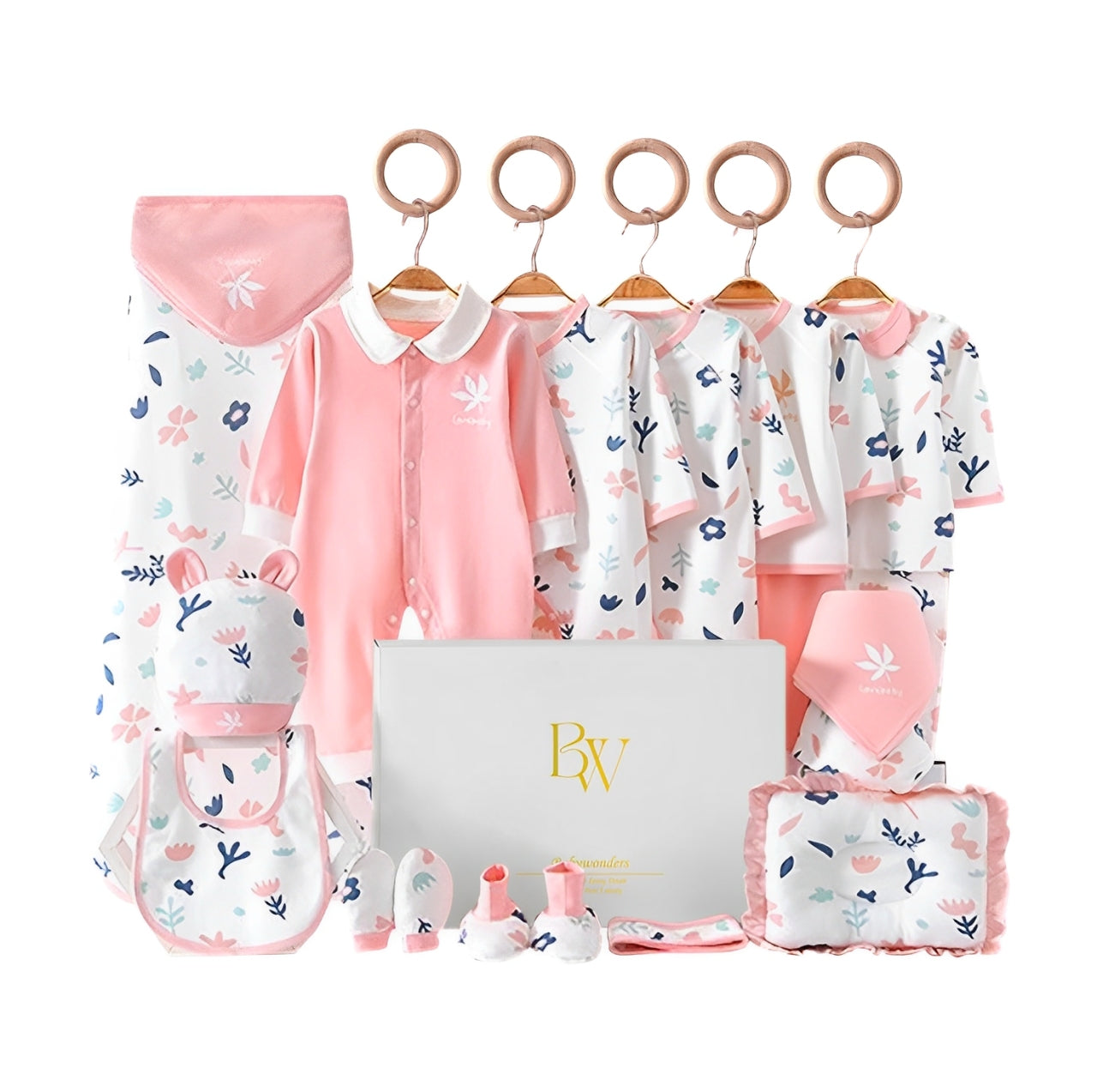 Nature-inspired baby shower gift set featuring leaf print and essential newborn items