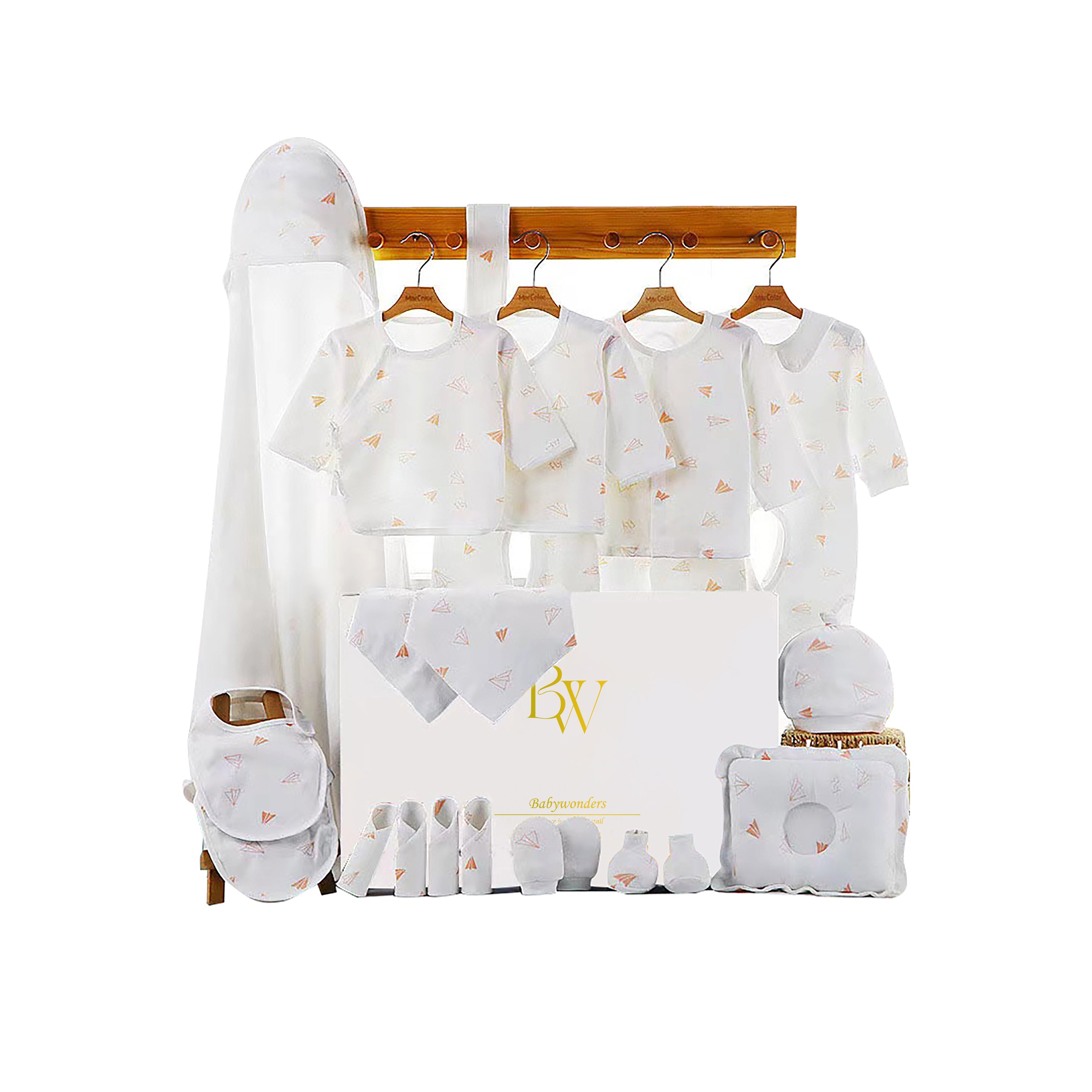 Newborn baby gift set with blue clothes and paper plane print