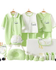 Close-up of panda-print baby clothing and matching green accessories, perfect for newborn gifting