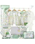 Green summer baby gift set with clothes and bibs