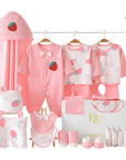 Newborn girl gift set with fruity strawberry designs and cozy everyday items for comfort and care