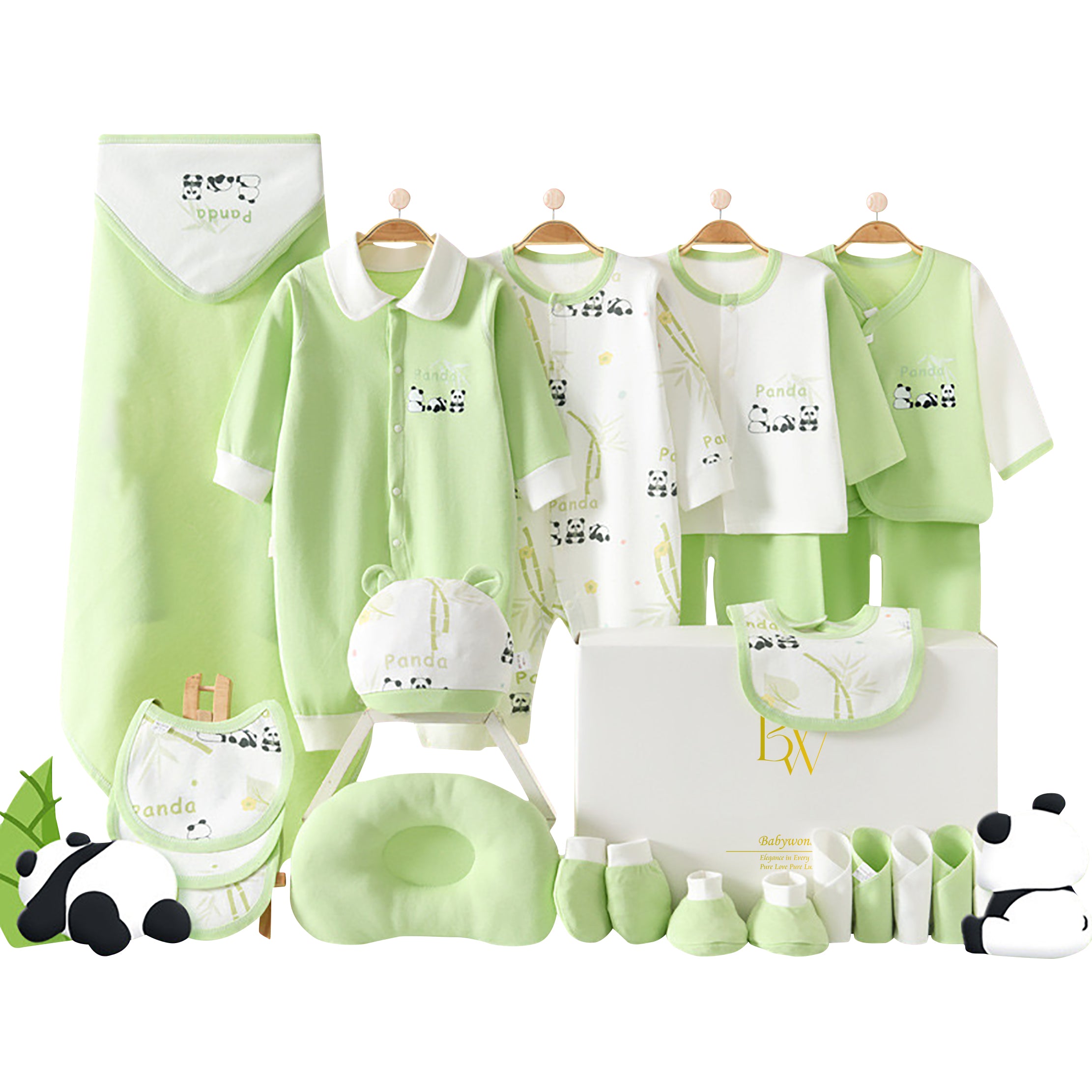 Green panda-themed baby gift set with bodysuit, bibs, wrap, socks, gloves, towel, and pillow in a gift box