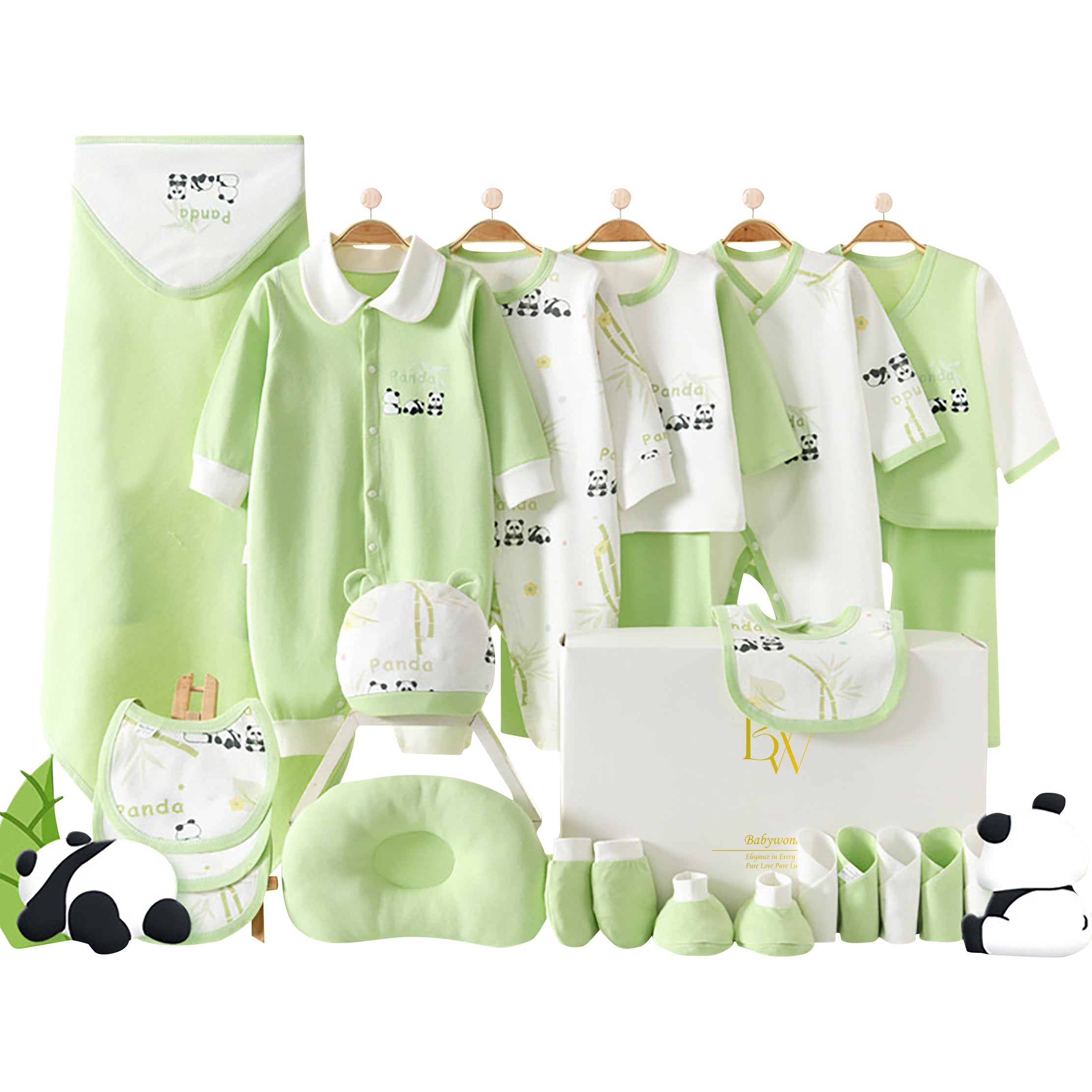 Gender-neutral baby gift set featuring soft fabrics and a fun green panda design for baby showers or birthdays