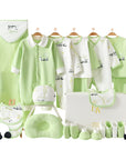 Gender-neutral baby gift set featuring soft fabrics and a fun green panda design for baby showers or birthdays