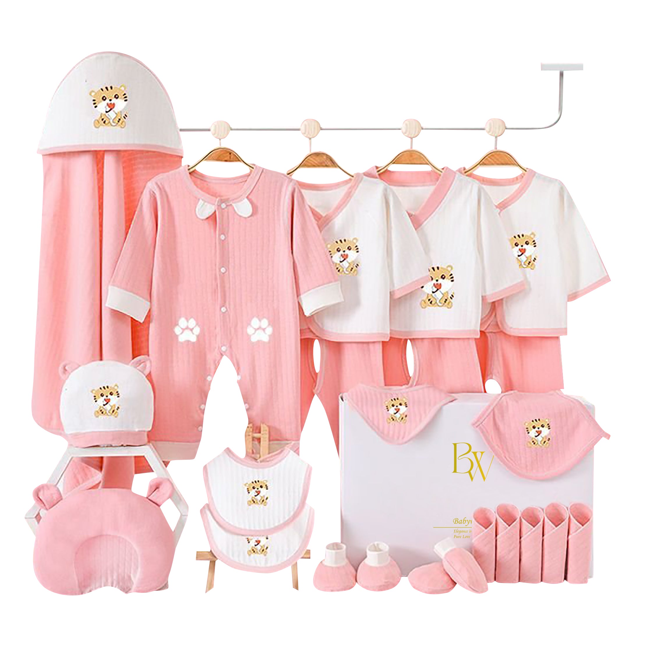 Tiger baby gift set with bodysuit, socks, and mittens