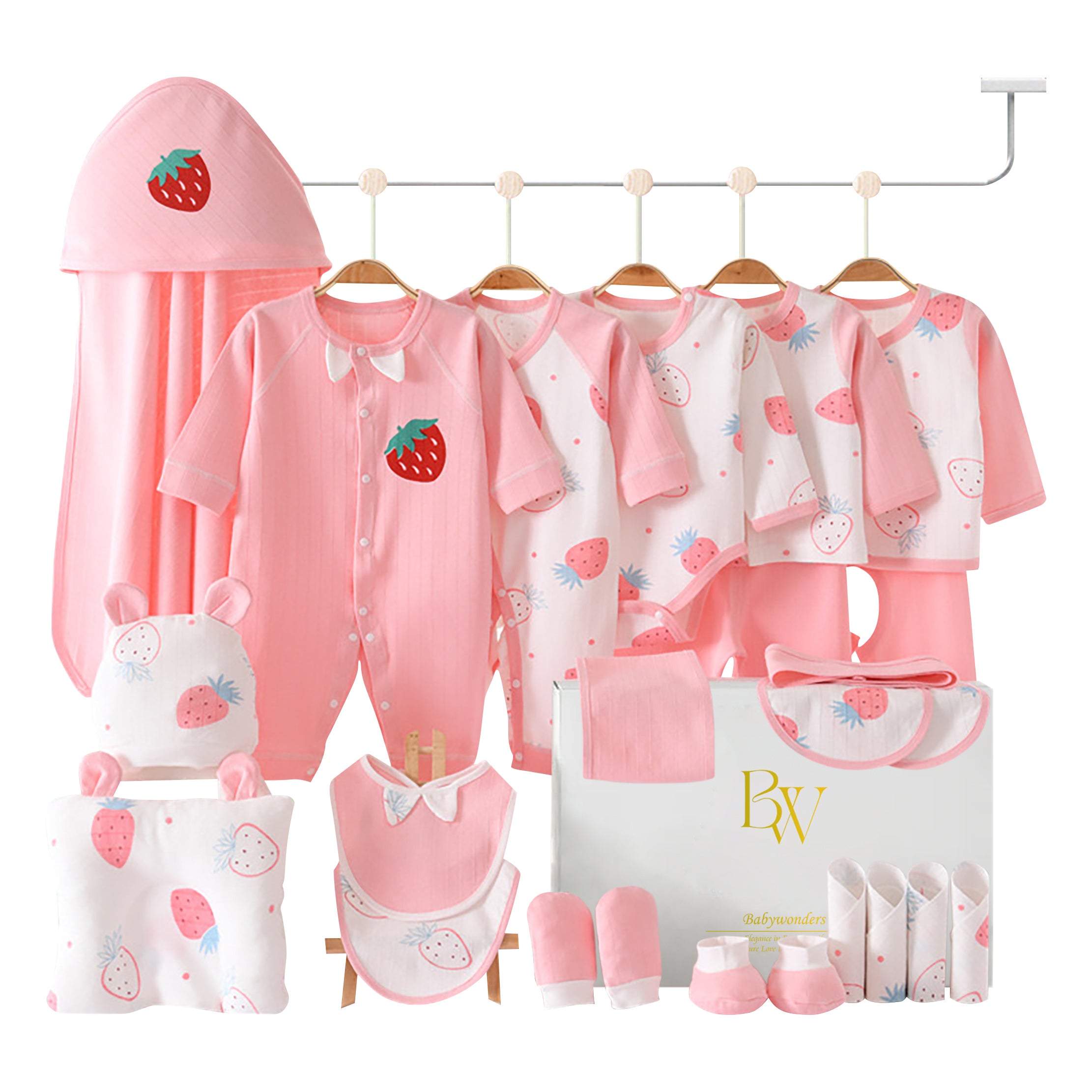 Strawberry-themed baby gift set with bodysuit, bibs, socks, towel, wrap, pillow, and gloves in a coordinated gift box
