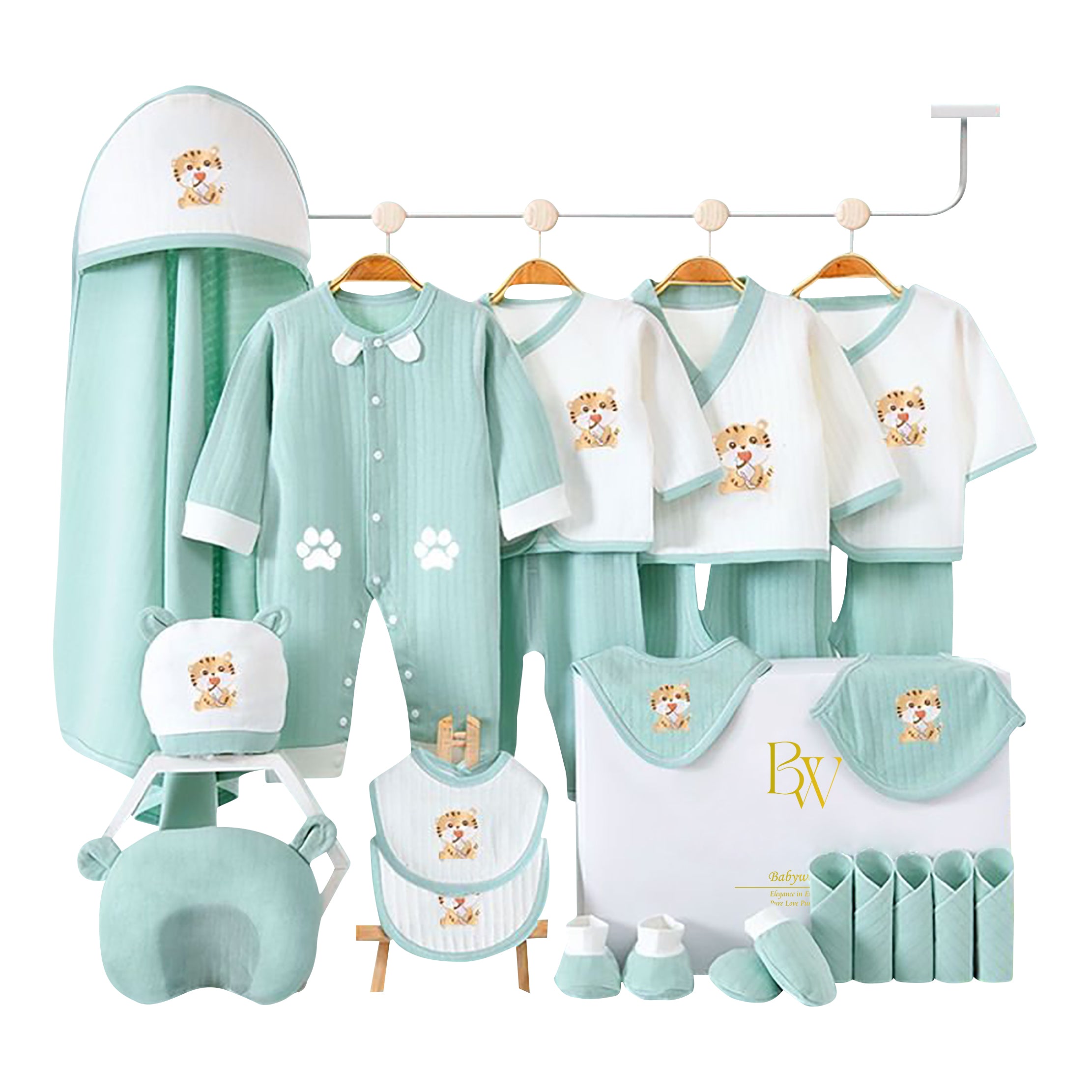 Tiger-themed baby gift set with onesie, socks, and gloves in matching animal print