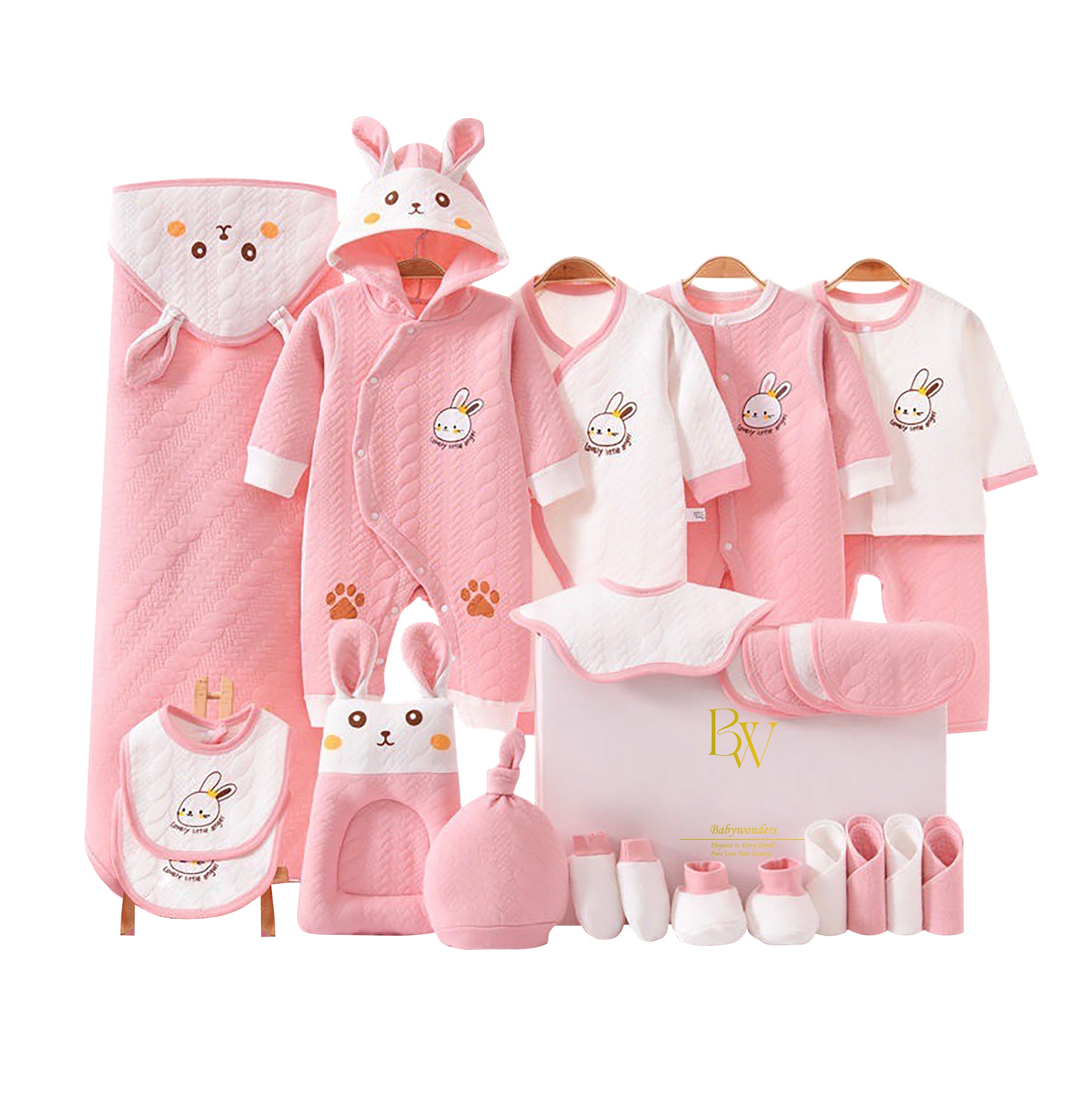 Rabbit baby gift set with baby clothes and cotton bibs