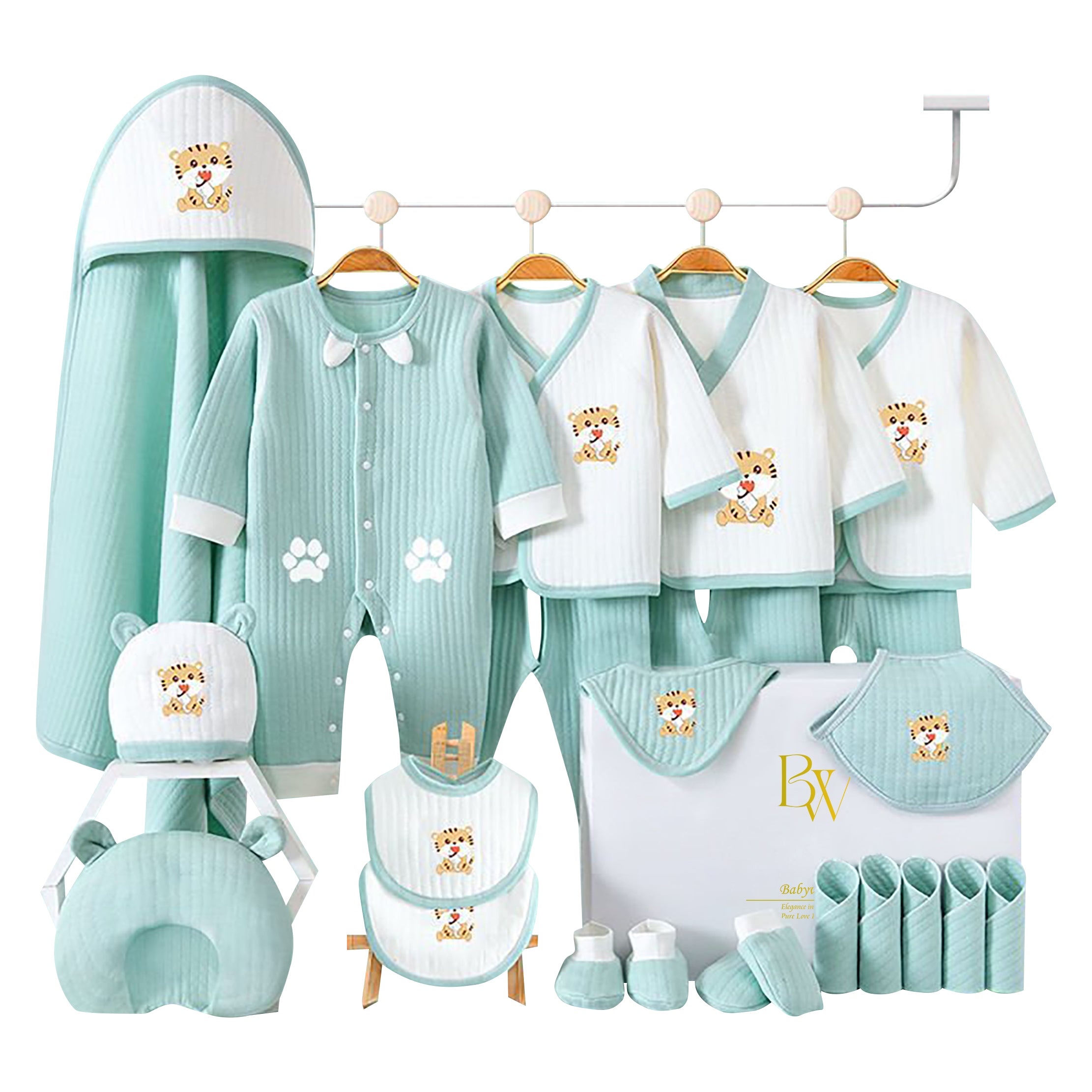 Newborn baby shower gift set with playful tiger design and cozy everyday essentials