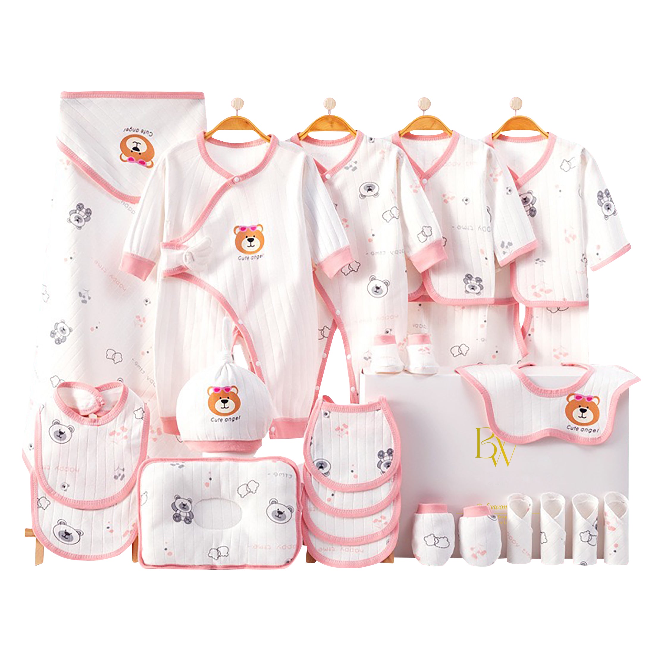 Bear-themed baby gift set with bodysuit, socks, and mittens in soft neutral tones