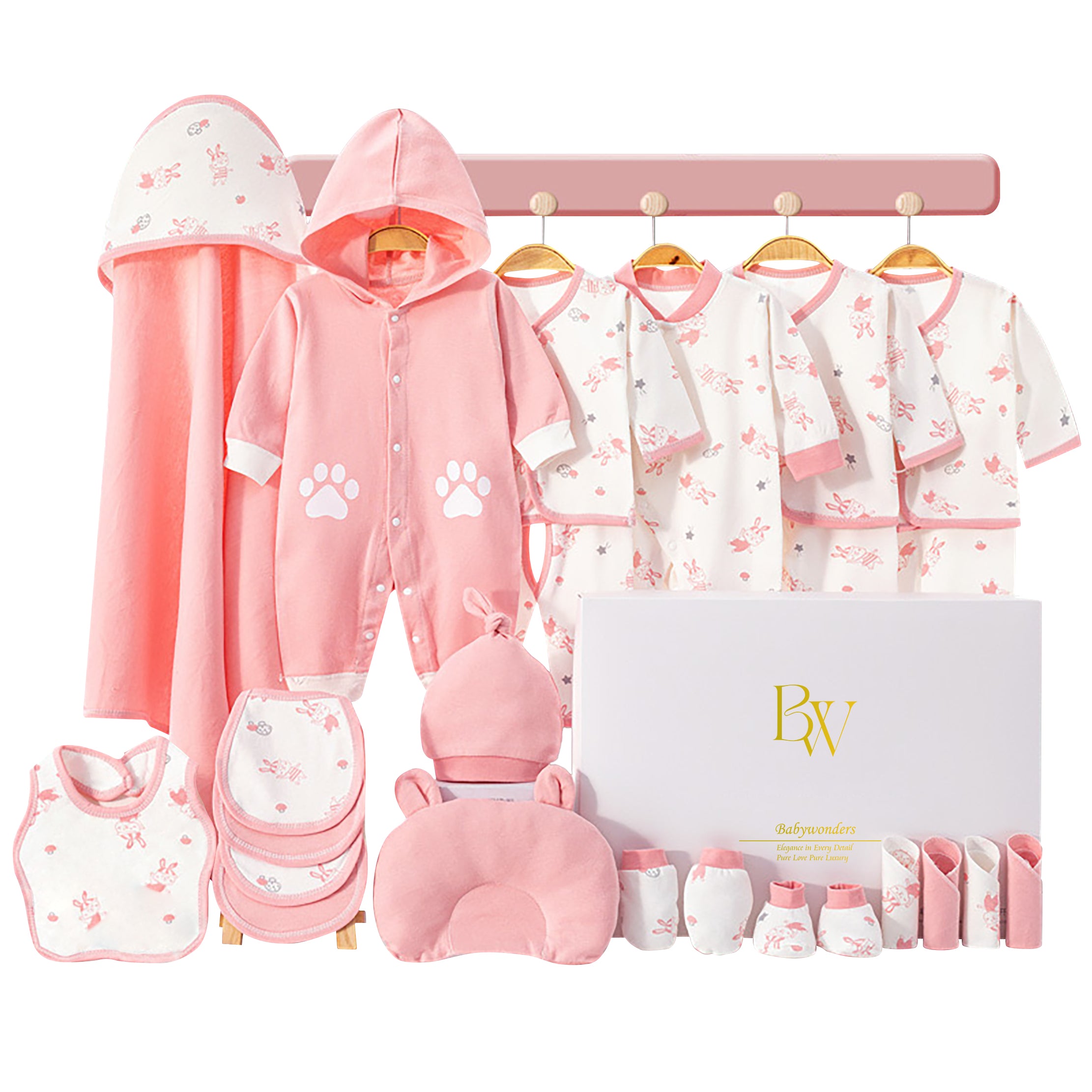 Kitten-themed baby gift set with claw-print onesie, mittens, and socks in a gift box