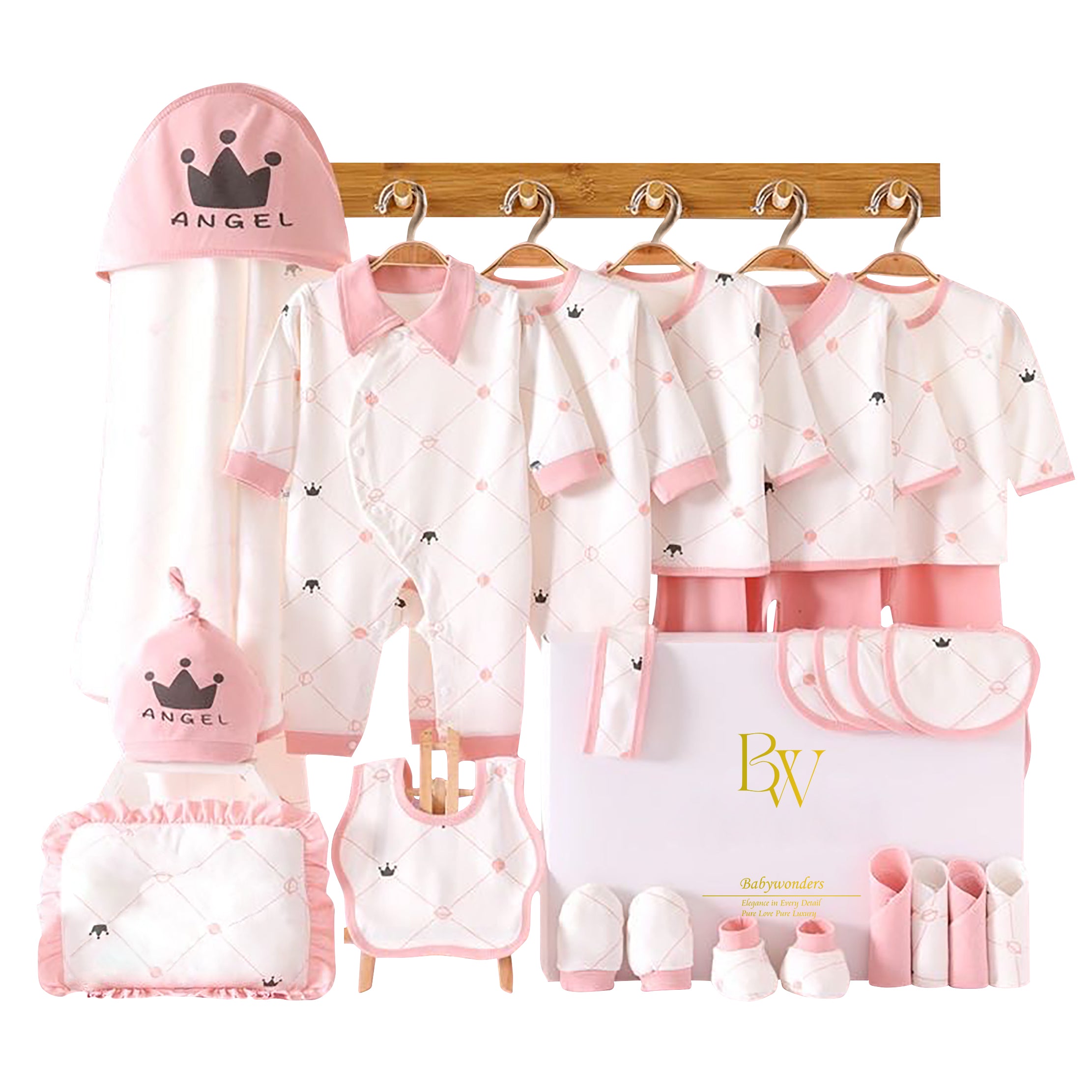 Angel Crown baby gift set with baby clothes and shower items