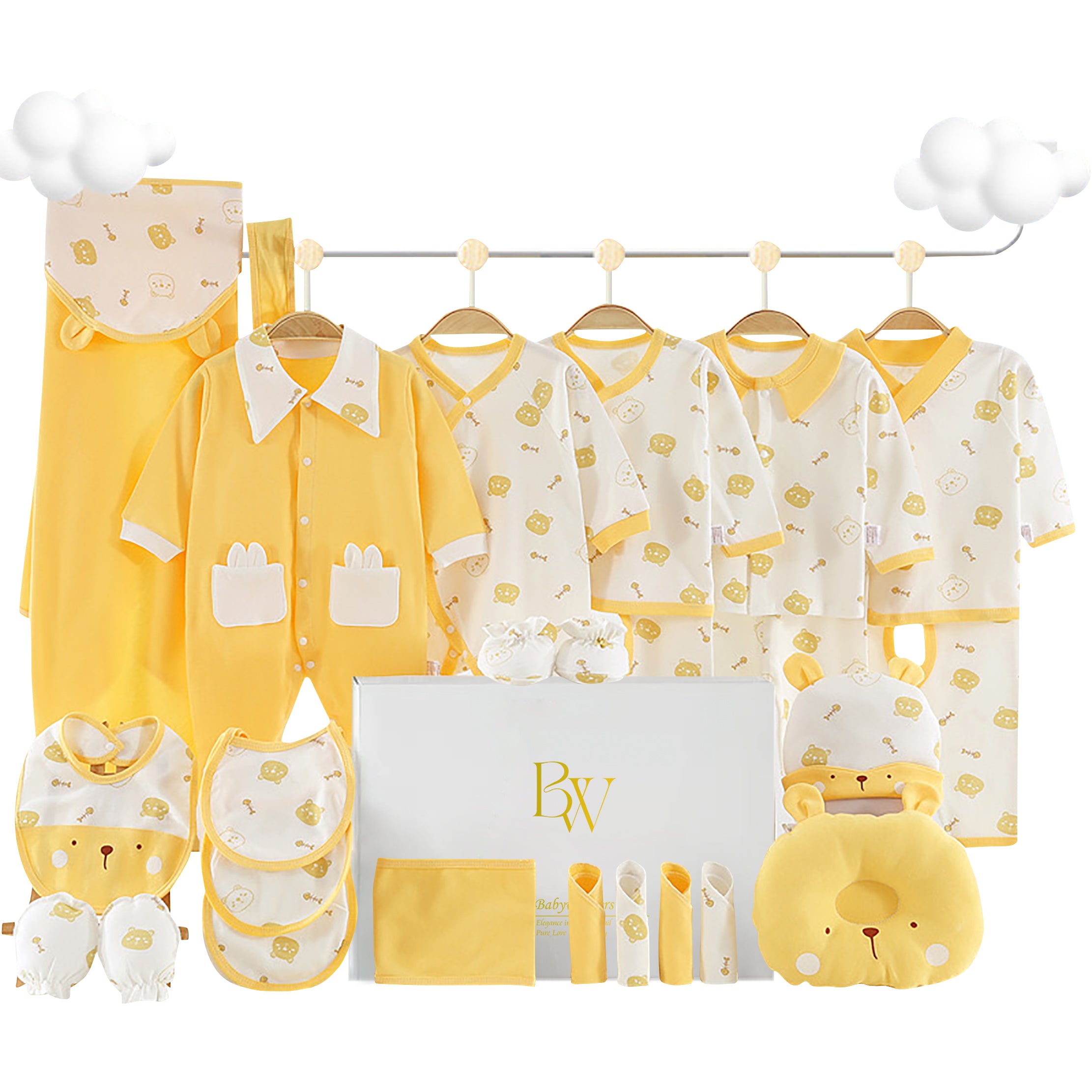 Bear and fish bone-themed baby gift set with matching bodysuit, socks, and mittens in a gift box