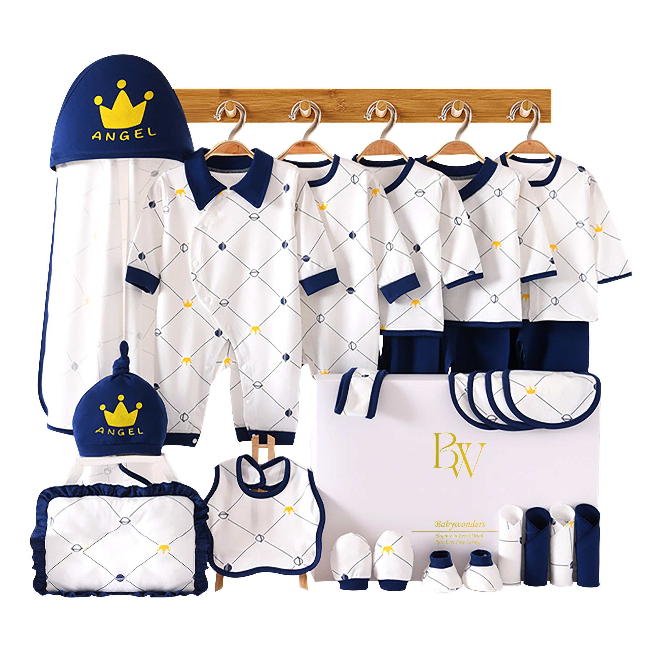 Angel Crown baby gift set with baby clothes and shower items