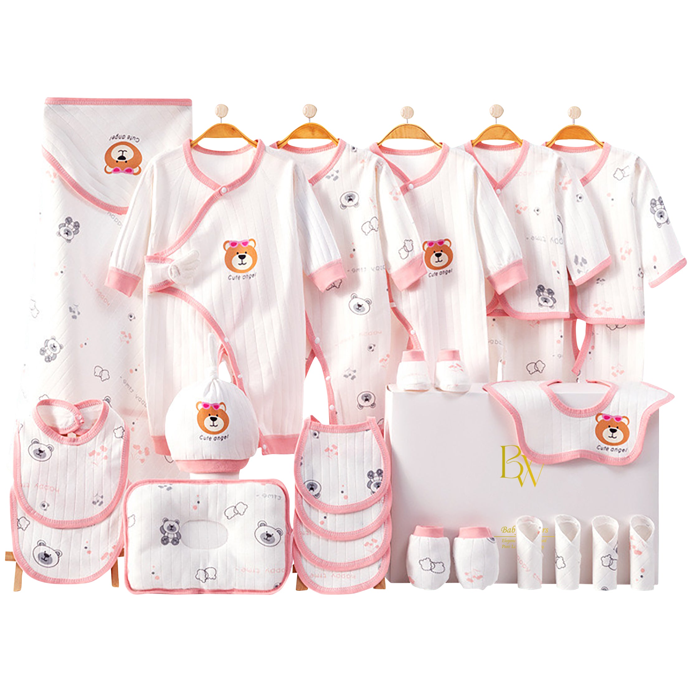 baby shower gift set with newborn clothes and bear design