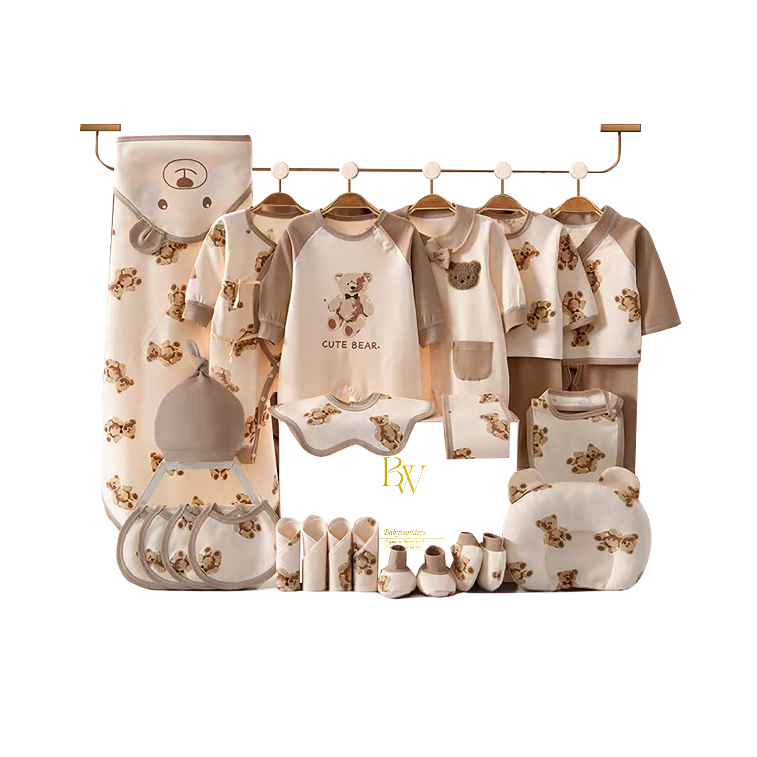baby gift set with bear clothes, socks, and wrap