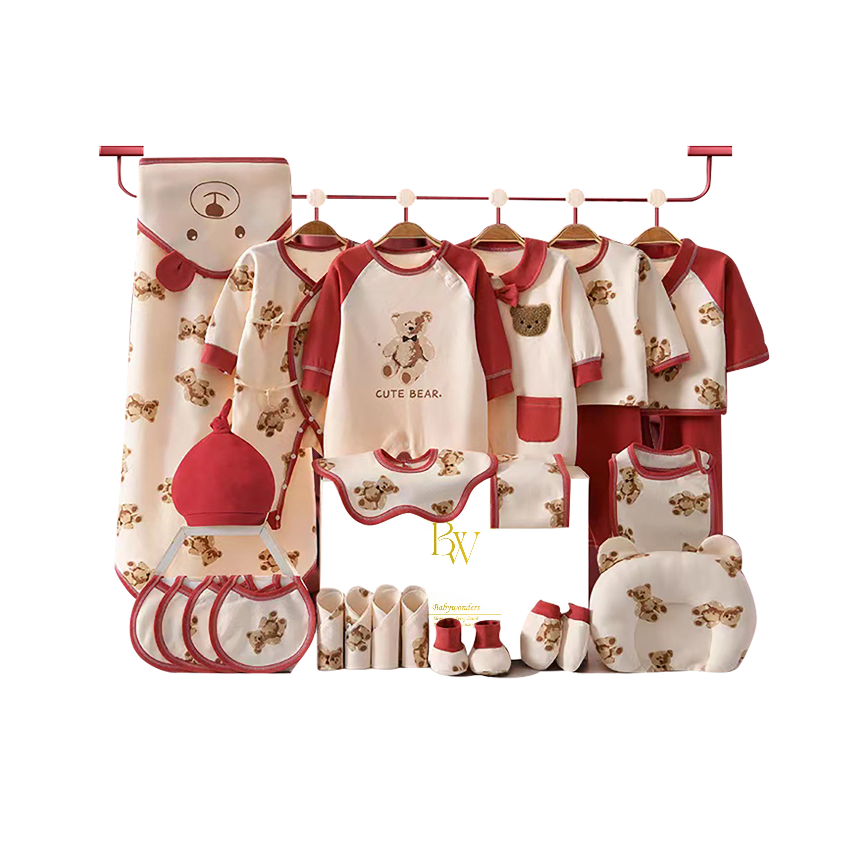 baby gift set with bear clothes, socks, and wrap