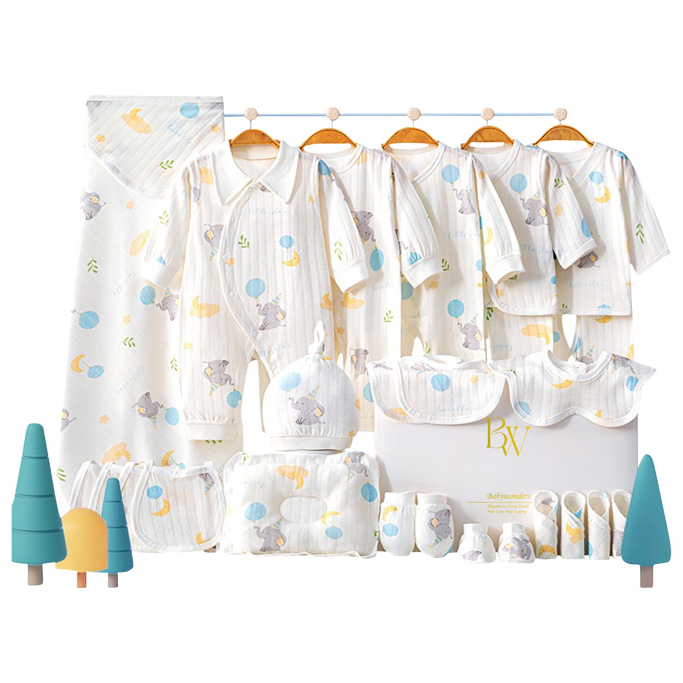 Close-up of soft cotton baby bodysuit with cute elephant print and matching accessories