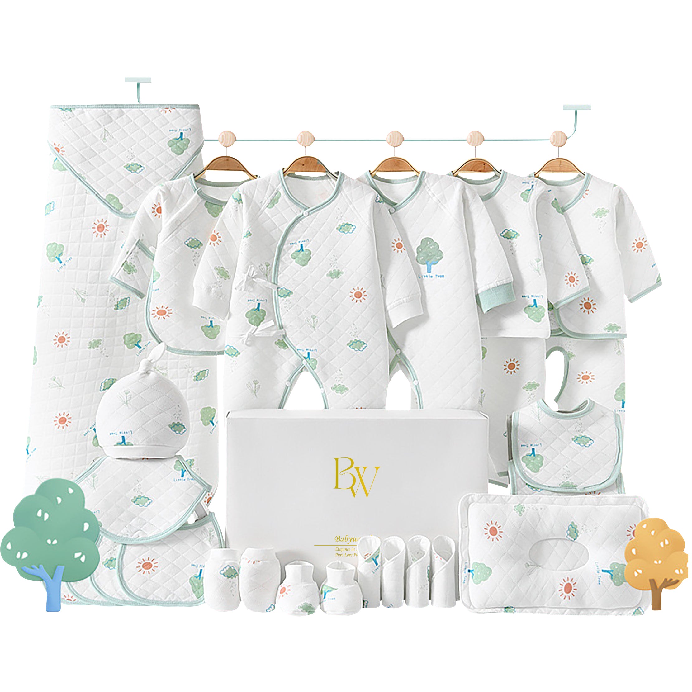 Close-up of newborn essentials with calming tree print, ideal for nature-themed baby gifts
