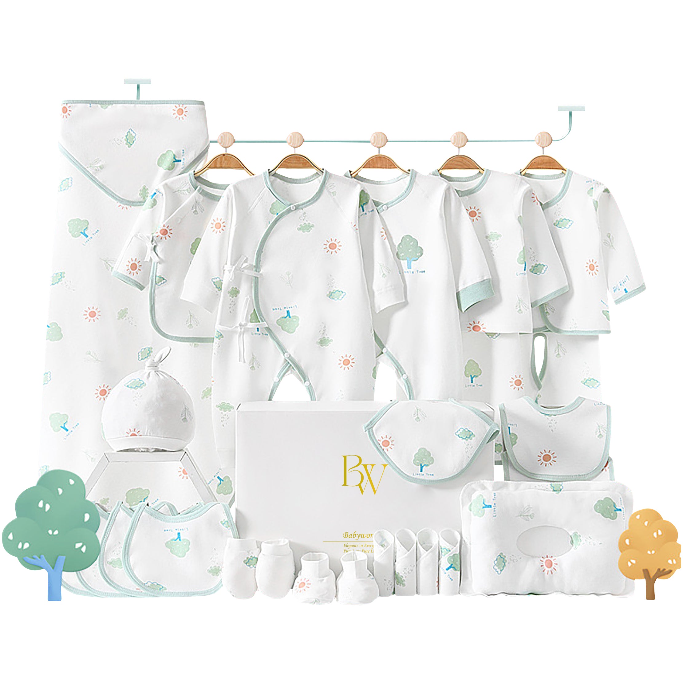 Tree-themed baby gift set with bodysuit, bibs, wrap, socks, gloves, towel, and pillow in soft earthy tones