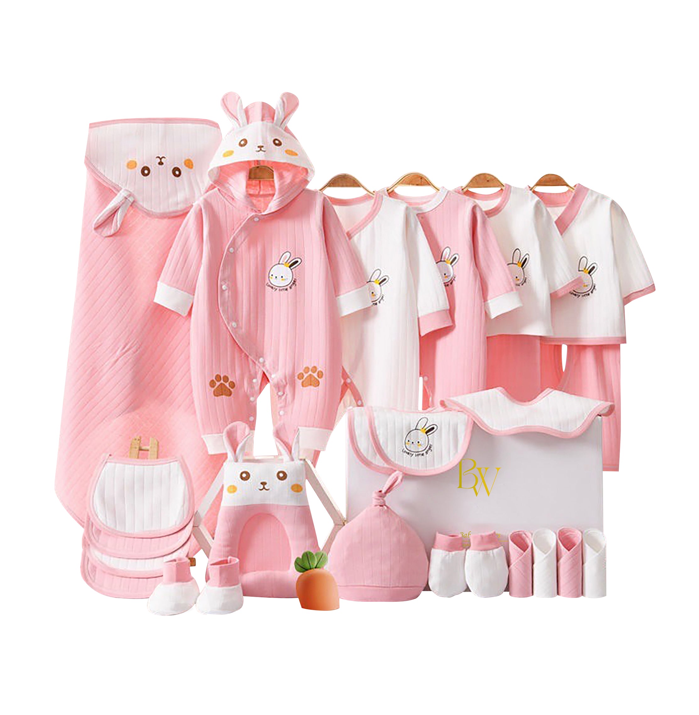 Rabbit baby gift set with baby clothes and cotton bibs