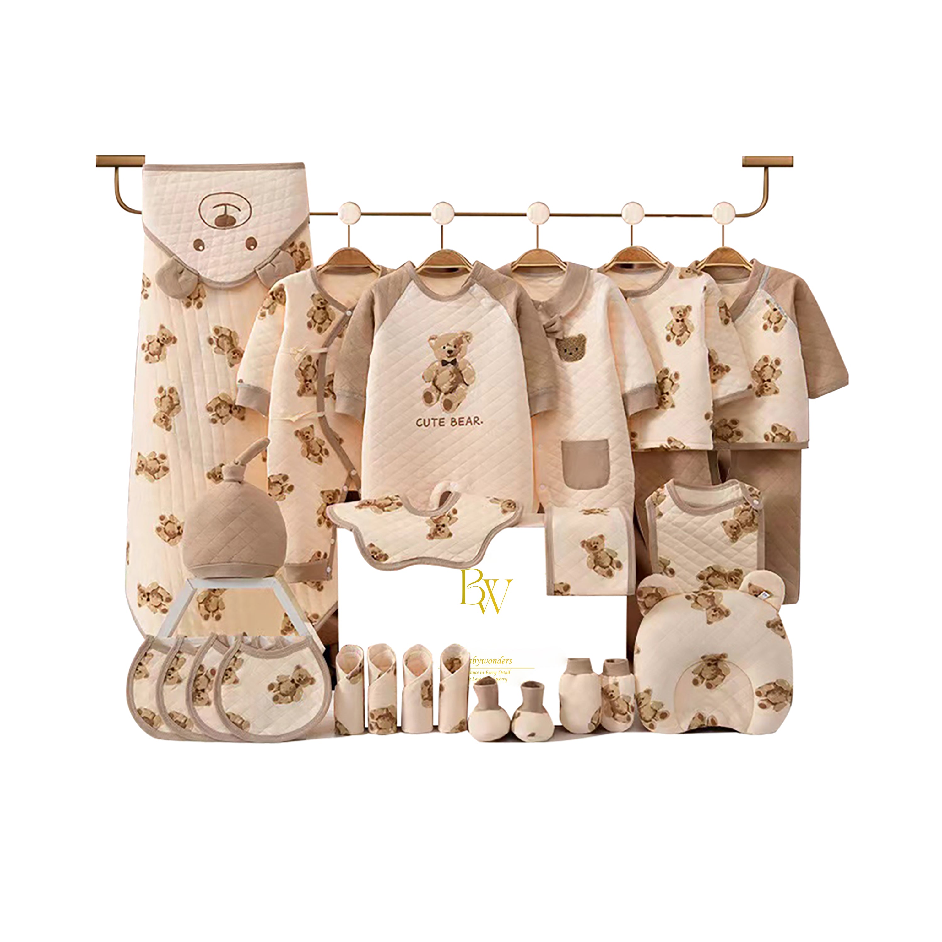 baby gift set with bear clothes, socks, and wrap