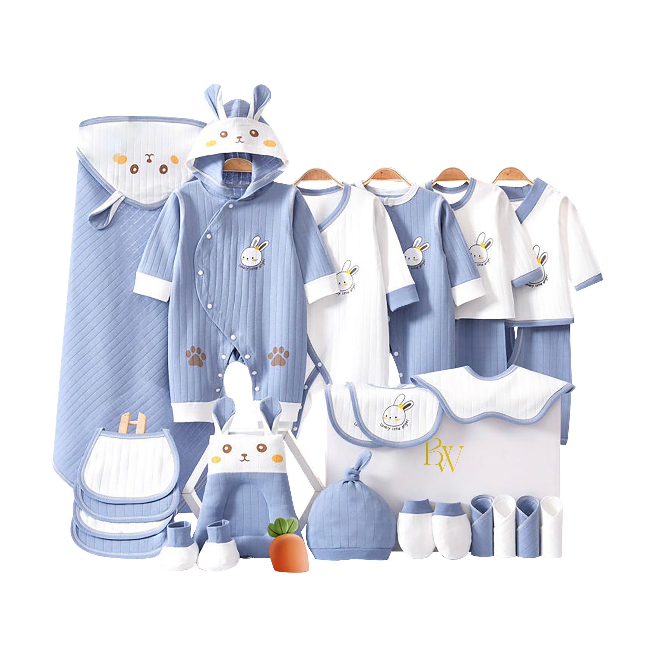 Rabbit baby gift set with baby clothes and cotton bibs