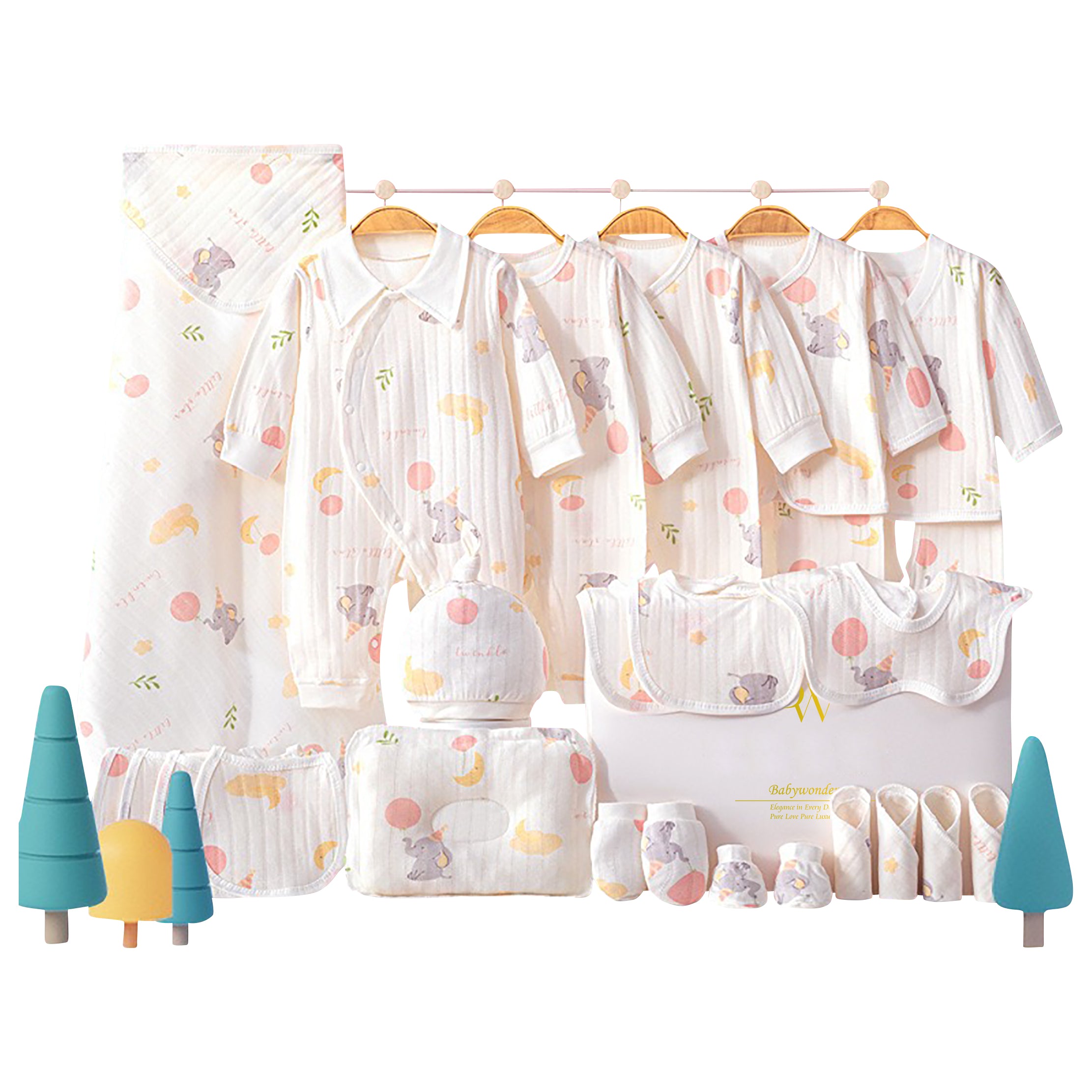 Elephant-themed baby onesie, socks, and mittens set displayed in a pastel gift box
