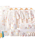Elephant-themed baby onesie, socks, and mittens set displayed in a pastel gift box