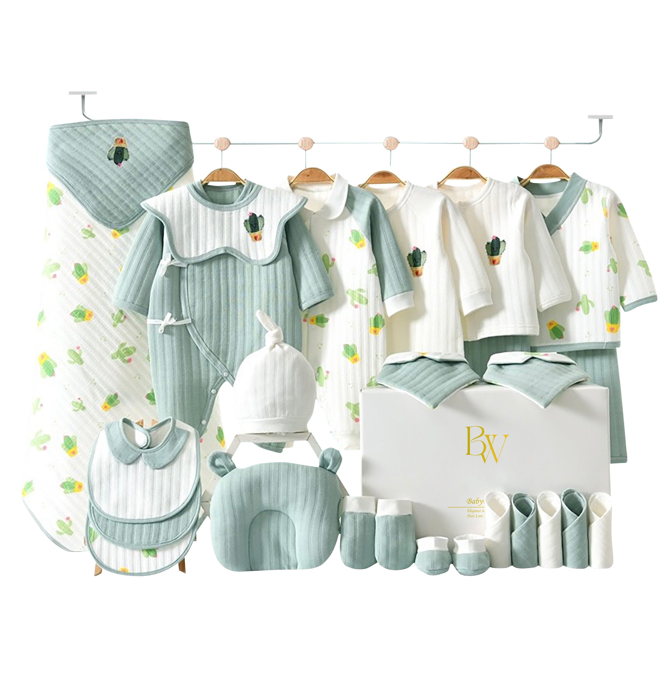 Close-up of baby bodysuit with playful cactus tree design, paired with matching newborn accessories