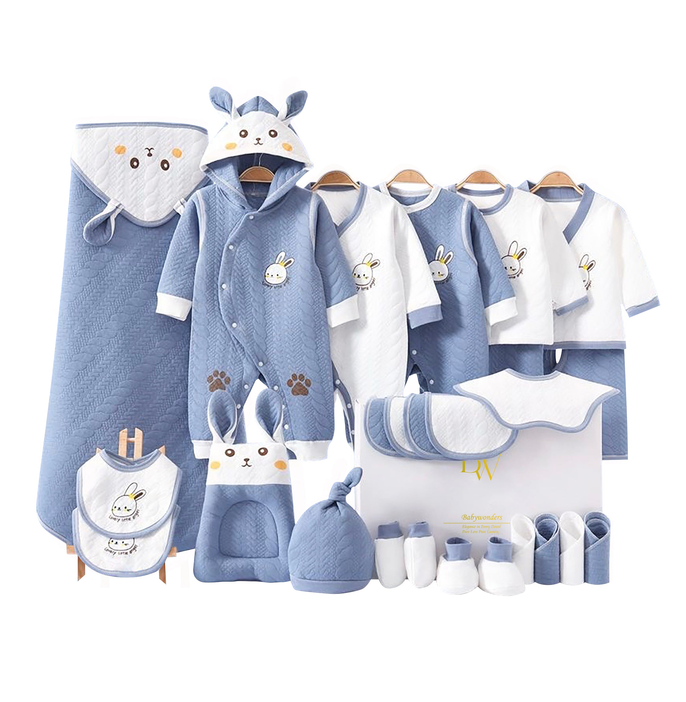 Rabbit baby gift set with baby clothes and cotton bibs