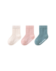 3-pack cable knit anti-slip baby socks in ivory, pink, and blue – soft cotton grip socks