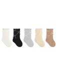 5-pack lace edge cotton baby socks in neutral mix with bow and lace cuff