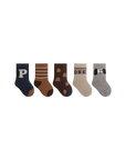 5-pack patterned cotton baby socks in brown mix with bear, stripe and letter designs