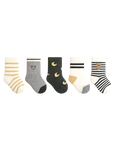 5-pack patterned cotton baby socks in grey mix with moon, bear and stripe designs