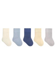 Set of five pairs of blue socks in different colors on a white background