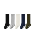 Five pairs of socks in black, white, beige, navy, and green on a white background.