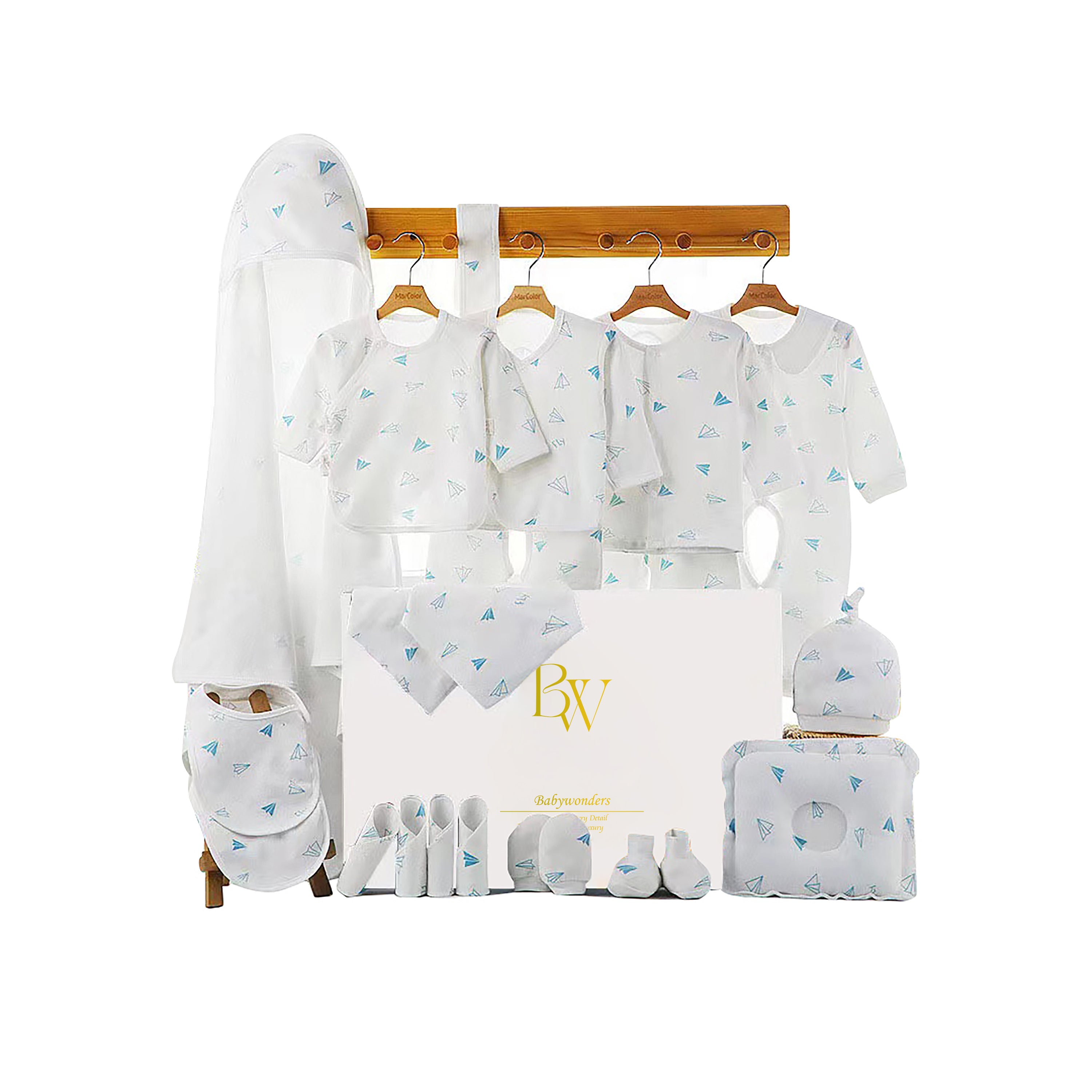 Newborn baby gift set with blue clothes and paper plane print