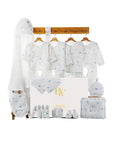Newborn baby gift set with blue clothes and paper plane print