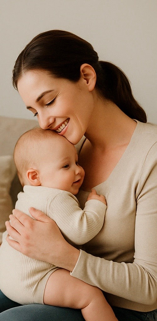 A peaceful moment between a mother and baby at home, symbolising the calm and intentional beginnings behind the Babywonders brand.