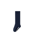 Navy sock with white text on a white background