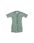 Green stripe baby zip swim romper with short sleeves, breathable toddler swimsuit for summer beach and pool