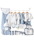 Everyday baby gift set 28 pieces, light greyish blue everyday newborn essentials box, soft cotton baby clothes set, baby shower gift