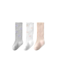 Three pairs of socks in gray, white, and pink on a white background