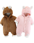 Baby Plush Jumpsuit with Bear Ear Hooded- Khaki