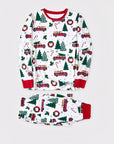 Adult unisex Christmas pajamas set with red trim and holiday truck print