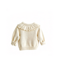 Baby knit cardigan back view in apricot with soft ruffle collar and long sleeves