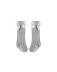 Gray baby lace knee-high socks with white ribbon bow, soft cotton knit for toddlers
